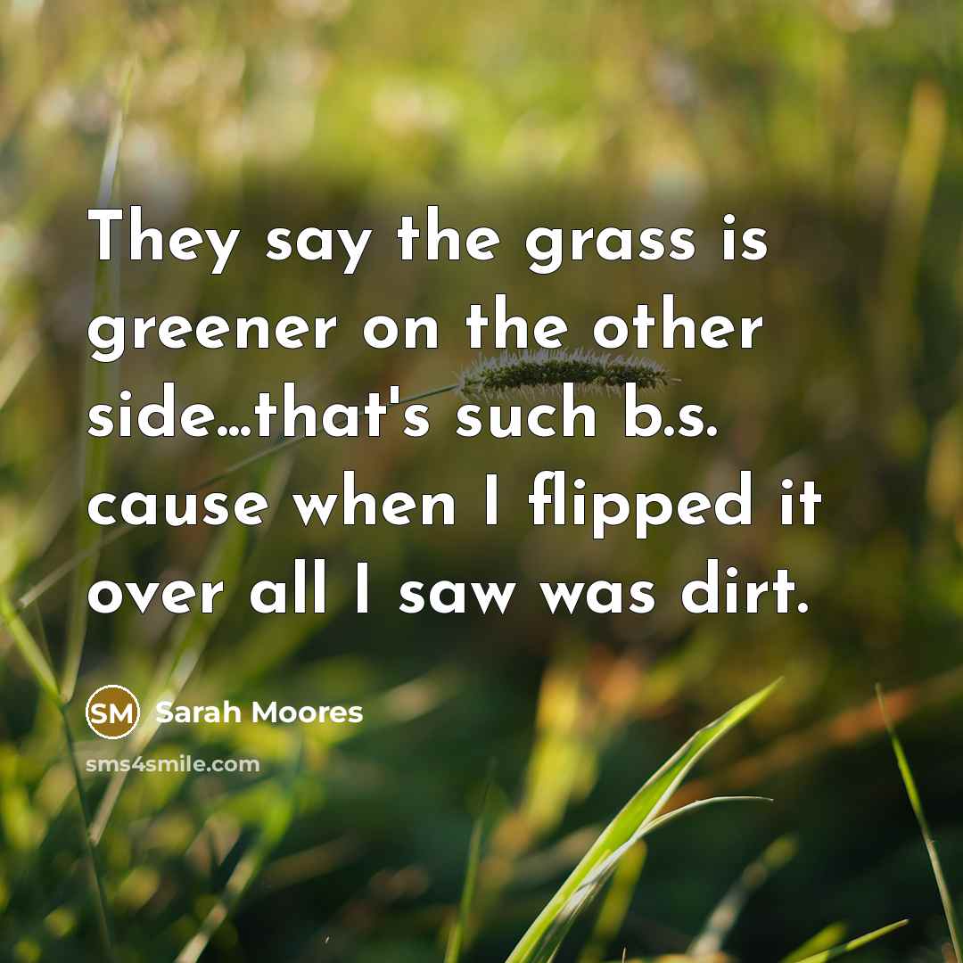 “They say the grass is greener on the other side...that's such b.s. cause when I flipped it over all I saw was dirt.” quote by Sarah Moores