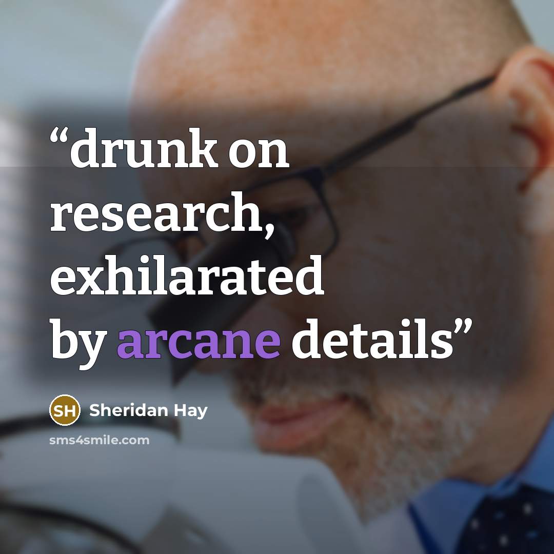 “drunk on research, exhilarated by arcane details” quote by Sheridan Hay