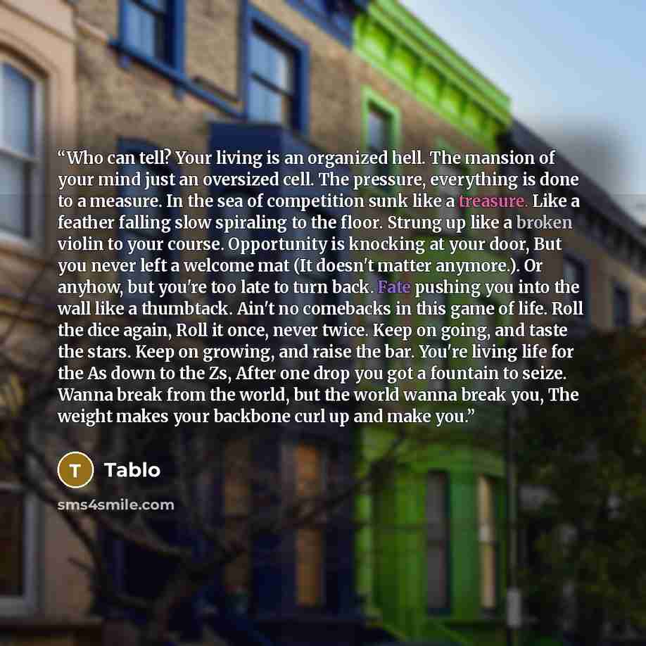 “Who can tell? Your living is an organized hell. The mansion of your mind just an oversized cell. The pressure, everything is done to a measure. In the sea of competition sunk like a treasure. Like a feather falling slow spiraling to the floor. Strung up like a broken violin to your course…” quote by Tablo