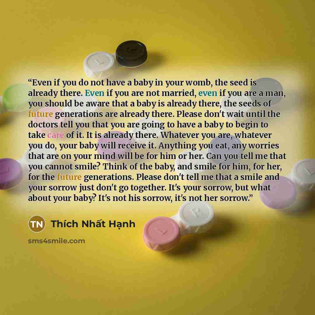 “Even if you do not have a baby in your womb, the seed is already there. Even if you are not married, even if you are a man, you should be aware that a baby is already there, the seeds of future generations are already there. Please don't wait until the doctors tell you that you are going to have a…” quote by Thich Nhat Hanh