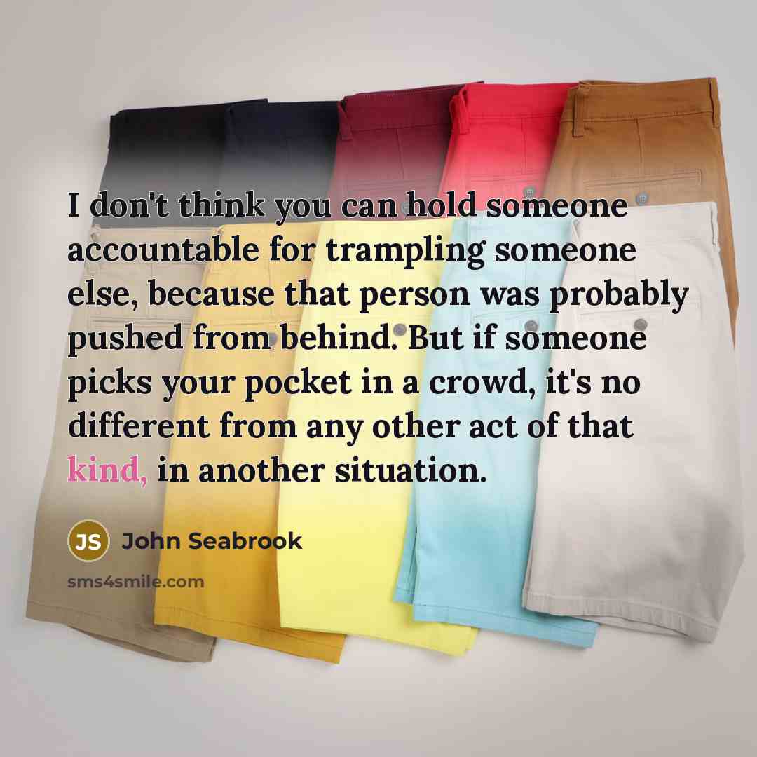 “I don't think you can hold someone accountable for trampling someone else, because that person was probably pushed from behind. But if someone picks your pocket in a crowd, it's no different from any other act of that kind, in another situation.” quote by John Seabrook