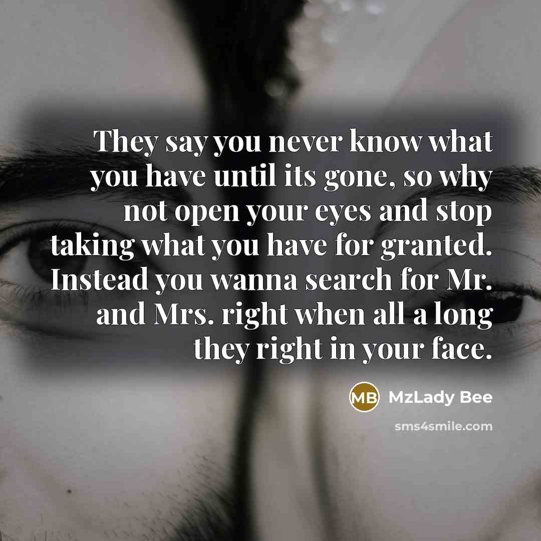 “They say you never know what you have until its gone, so why not open your eyes and stop taking what you have for granted. Instead you wanna search for Mr. and Mrs. right when all a long they right in your face.” quote by MzLady Bee