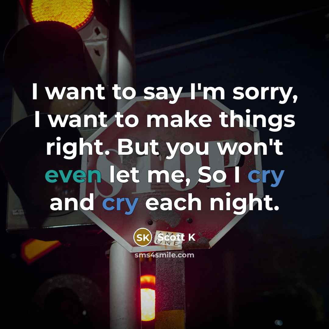 “I want to say I'm sorry, I want to make things right. But you won't even let me, So I cry and cry each night.” quote by Scott K