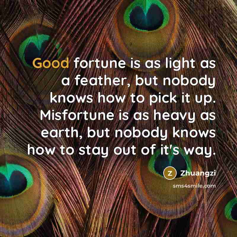 “Good fortune is as light as a feather, but nobody…” quote by Zhuangzi