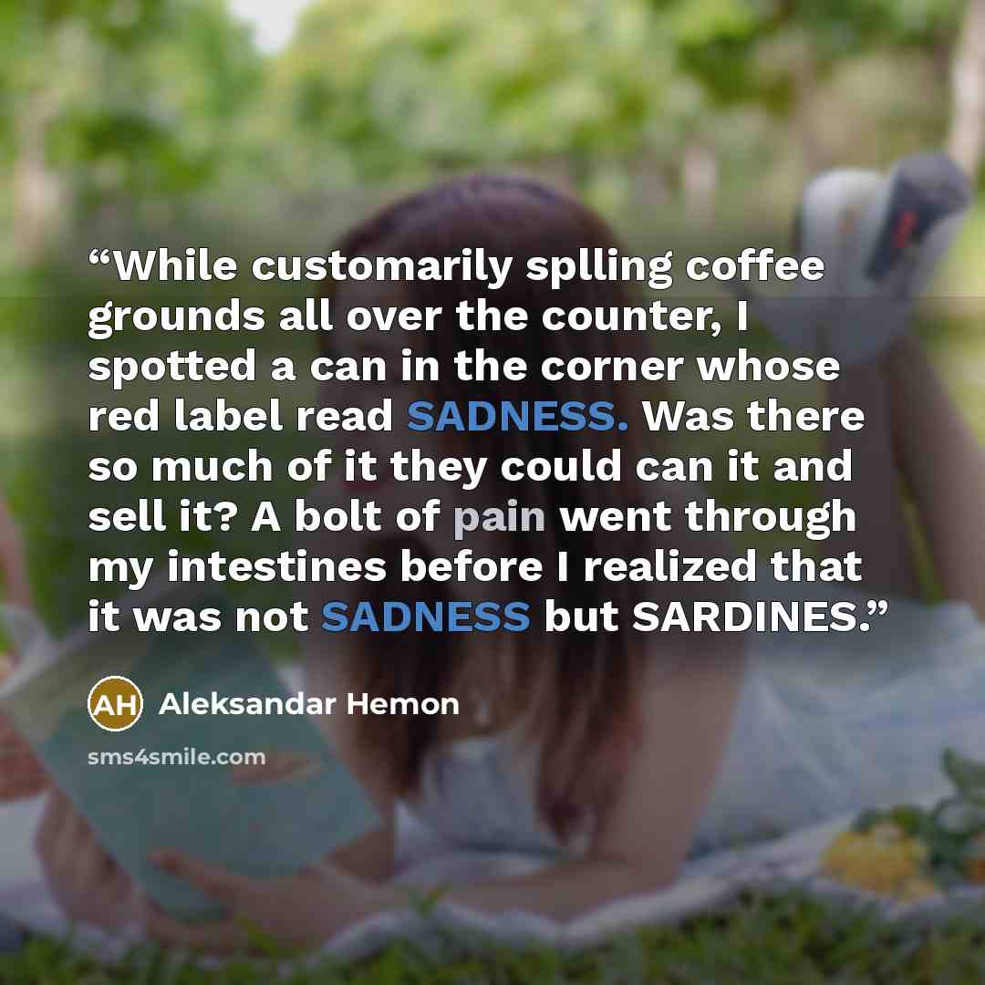 “While customarily splling coffee grounds all over the counter, I spotted a can in the corner whose red label read SADNESS. Was there so much of it they could can it and sell it? A bolt of pain went through my intestines before I realized that it was not SADNESS but SARDINES.” quote by Aleksandar Hemon