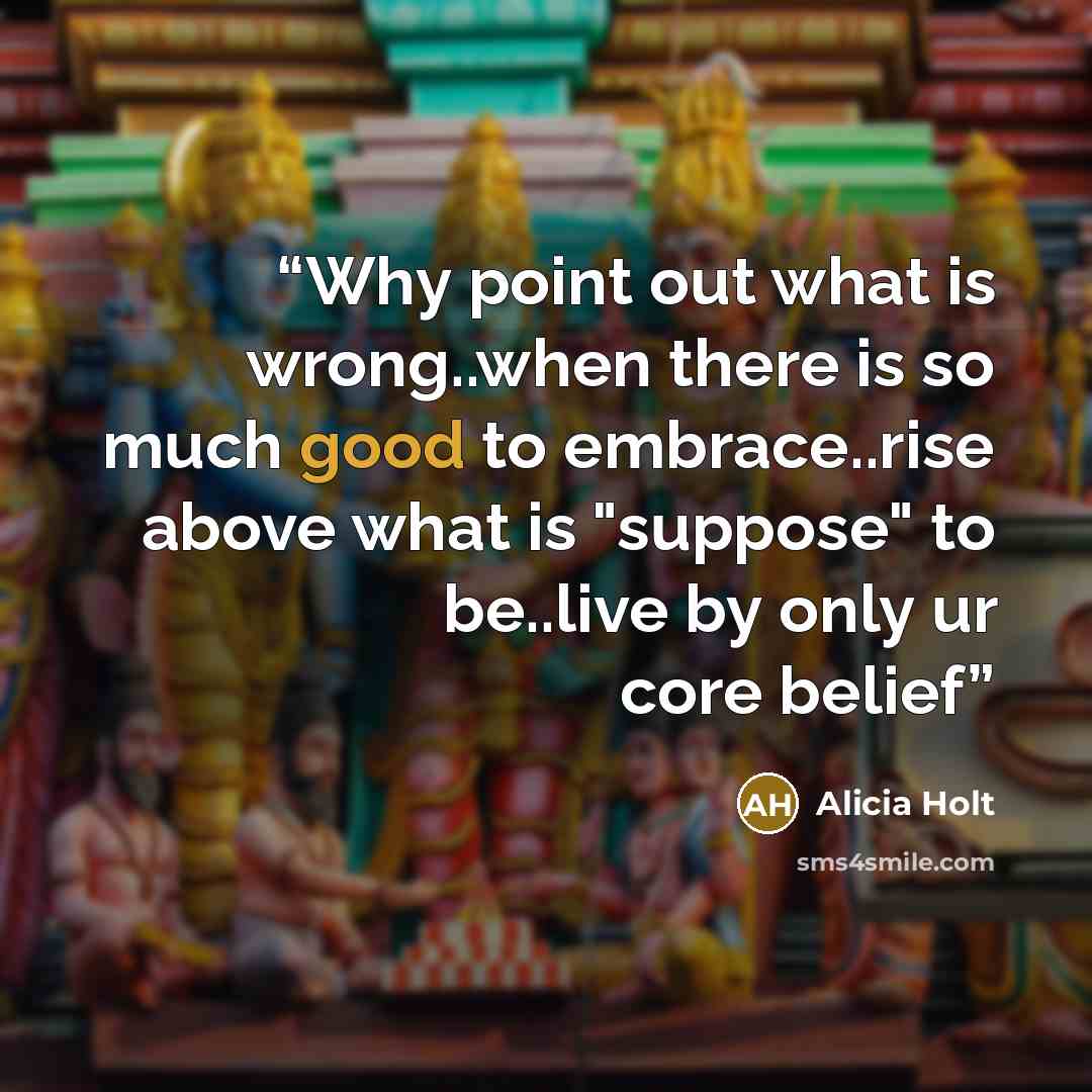 “Why point out what is wrong..when there is so much good to embrace..rise above what is "suppose" to be..live by only ur core belief” quote by Alicia Holt