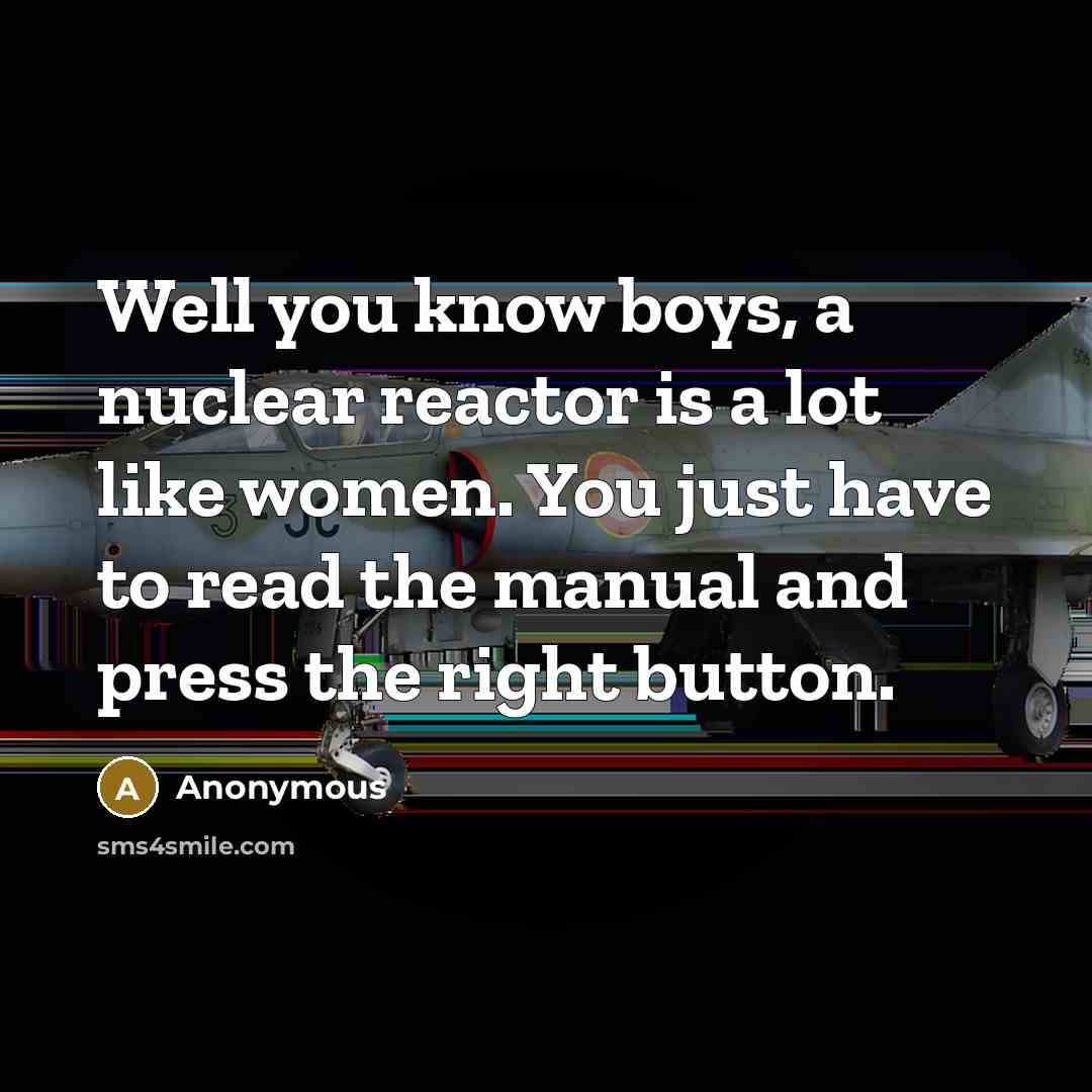 “Well you know boys, a nuclear reactor is a lot like women. You just have to read the manual and press the right button.” quote by Anonymous
