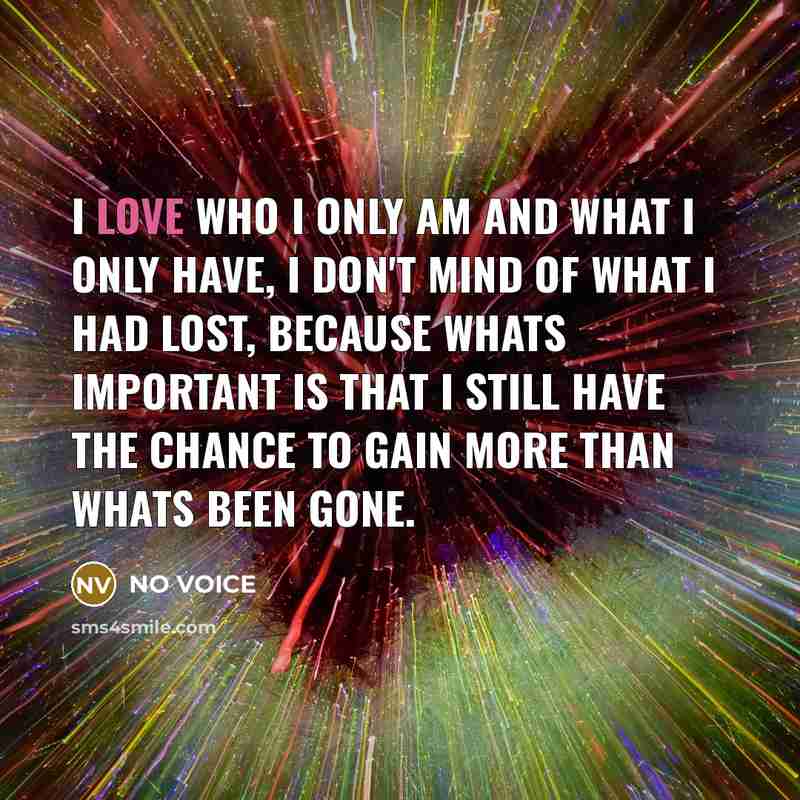 “I love who I only am and what I only have, I don't mind of what I had lost, because whats important is that I still have the chance to gain more than whats been gone.” quote by NO VOICE