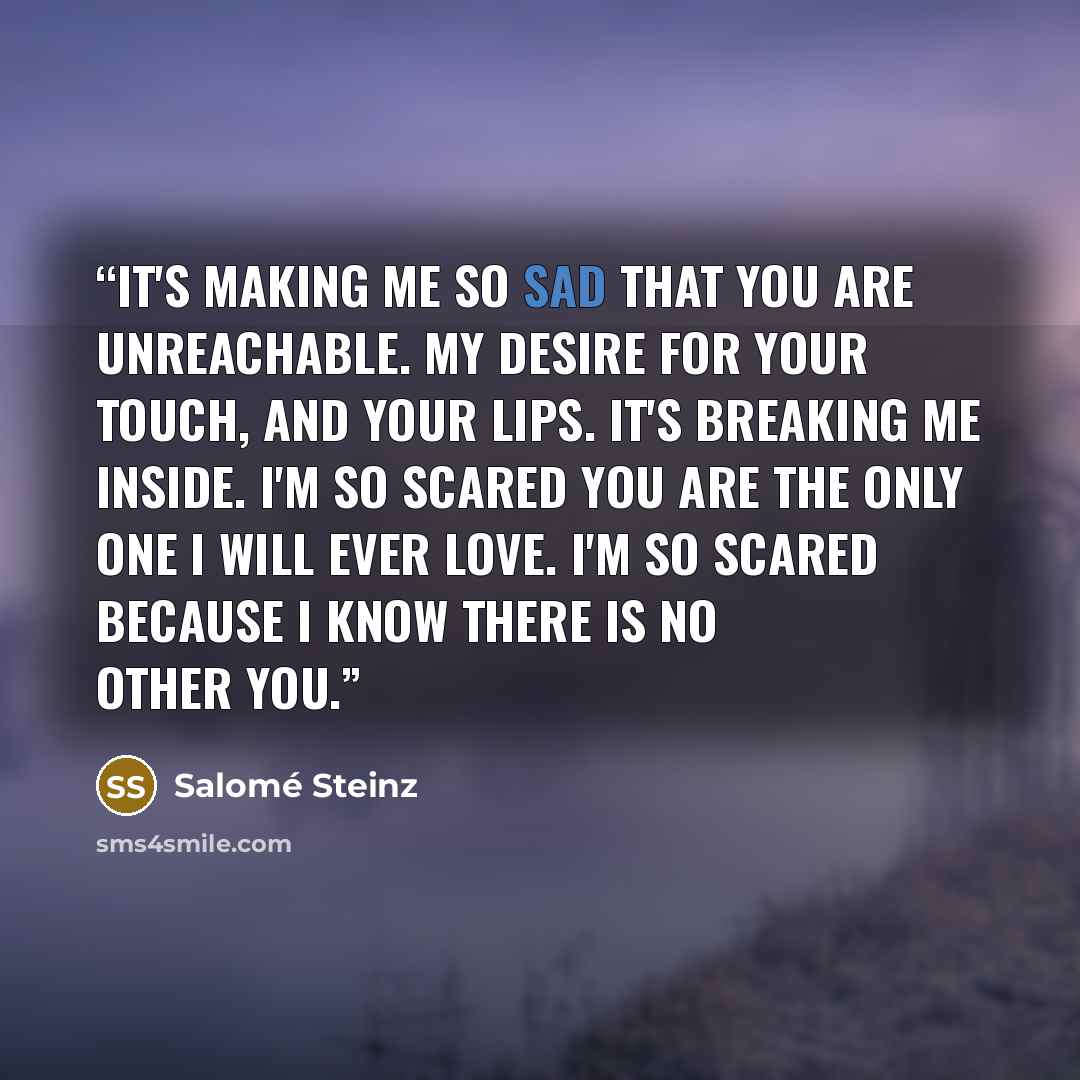 “It's making me so sad that you are unreachable. My desire for your touch, and your lips. It's breaking me inside. I'm so scared you are the only one i will ever love. I'm so scared because I know there is no other you.” quote by Salomé Steinz