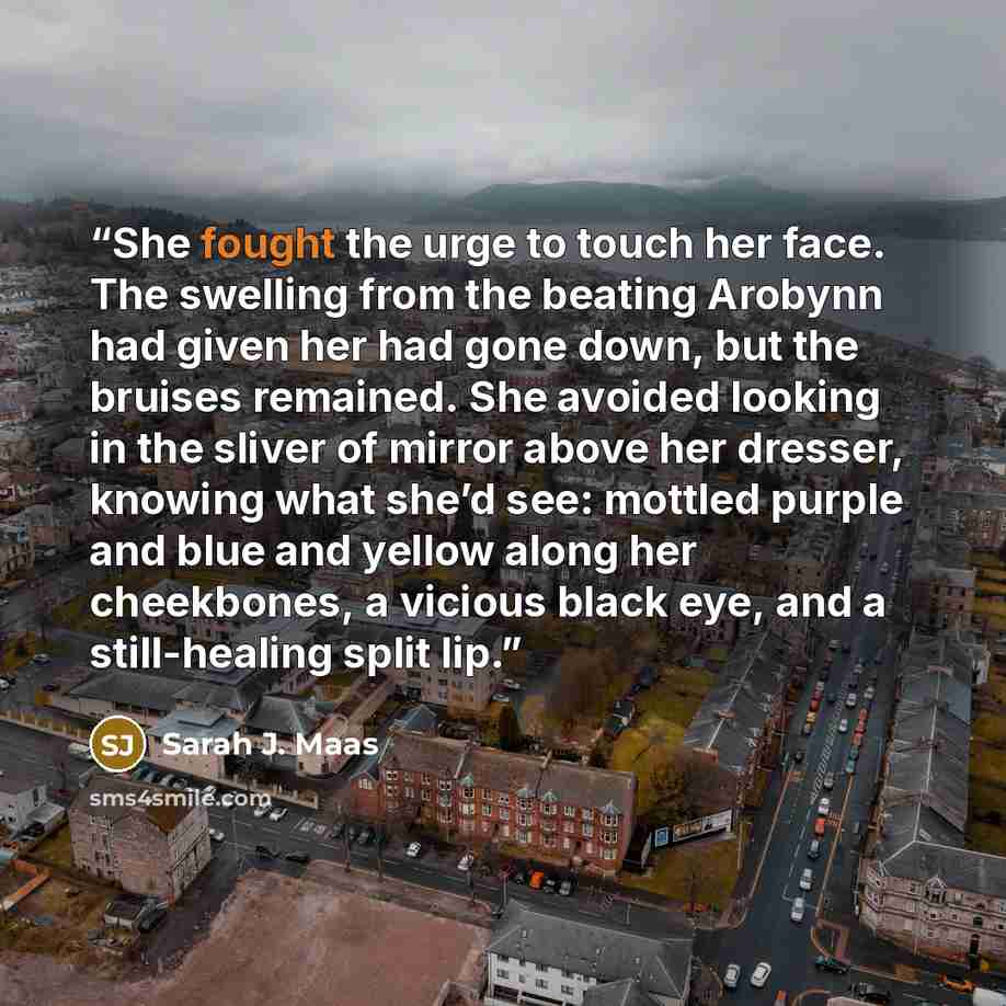 “She fought the urge to touch her face. The swelling from the beating Arobynn had given her had gone down, but the bruises remained. She avoided looking in the sliver of mirror above her dresser, knowing what she’d see: mottled purple and blue and yellow along her cheekbones, a vicious black eye…” quote by Sarah J. Maas