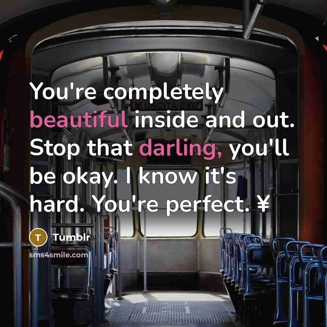 “You're completely beautiful inside and out. Stop that darling, you'll be okay. I know it's hard. You're perfect. ¥” quote by Tumblr