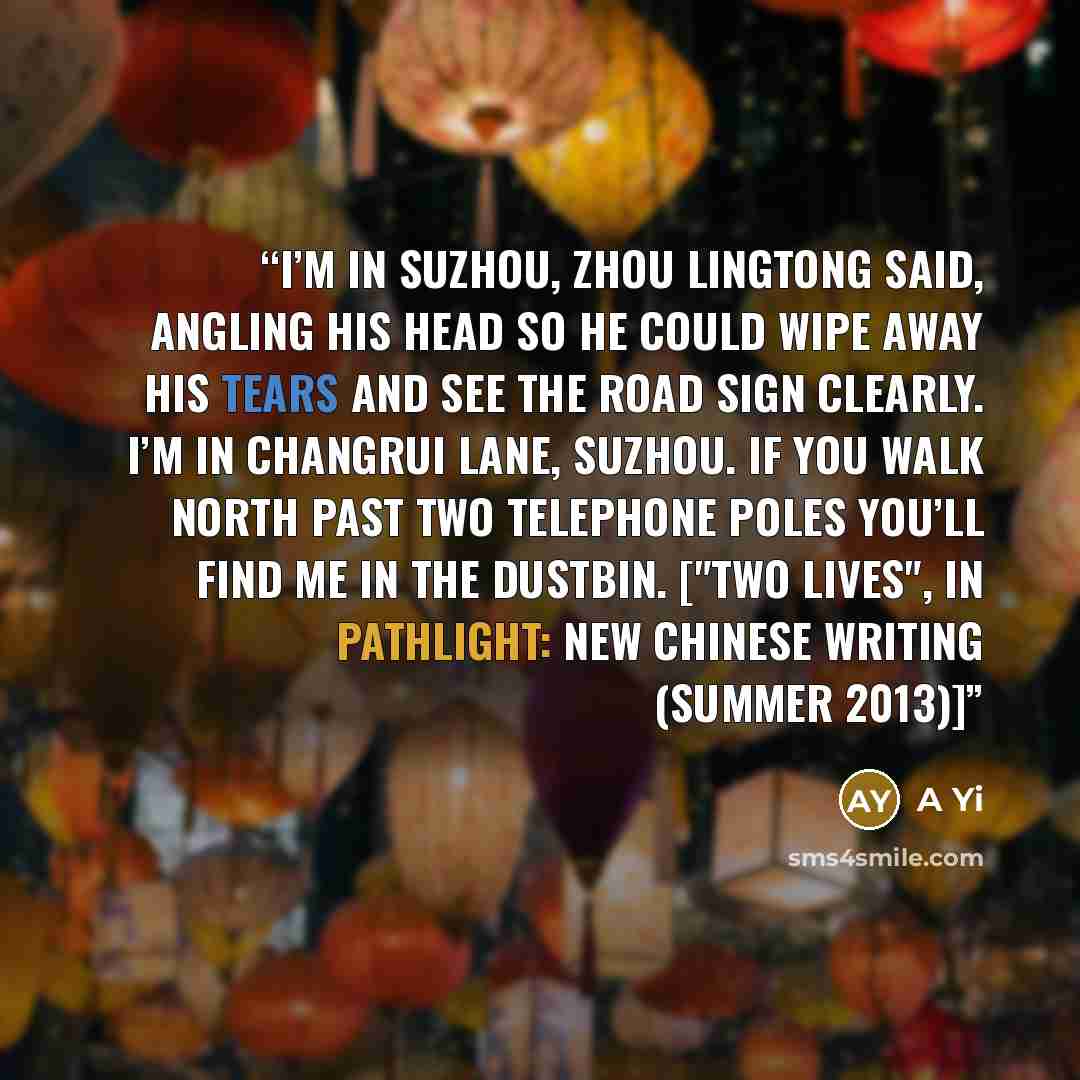 “I’m in Suzhou, Zhou Lingtong said, angling his head so he could wipe away his tears and see the road sign clearly. I’m in Changrui Lane, Suzhou. If you walk north past two telephone poles you’ll find me in the dustbin. ["Two Lives", in Pathlight: New Chinese Writing (Summer 2013)]” quote by A Yi