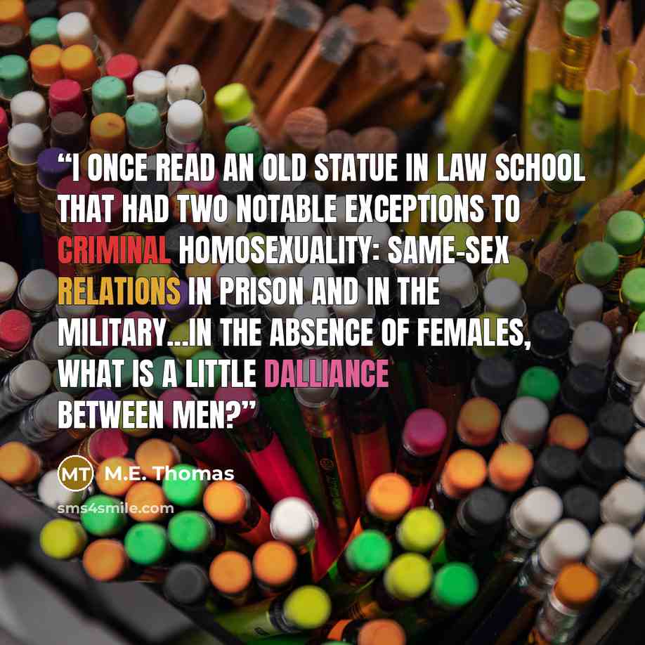 “I once read an old statue in law school that had two notable exceptions to criminal homosexuality: same-sex relations in prison and in the military...in the absence of females, what is a little dalliance between men?” quote by M.E. Thomas