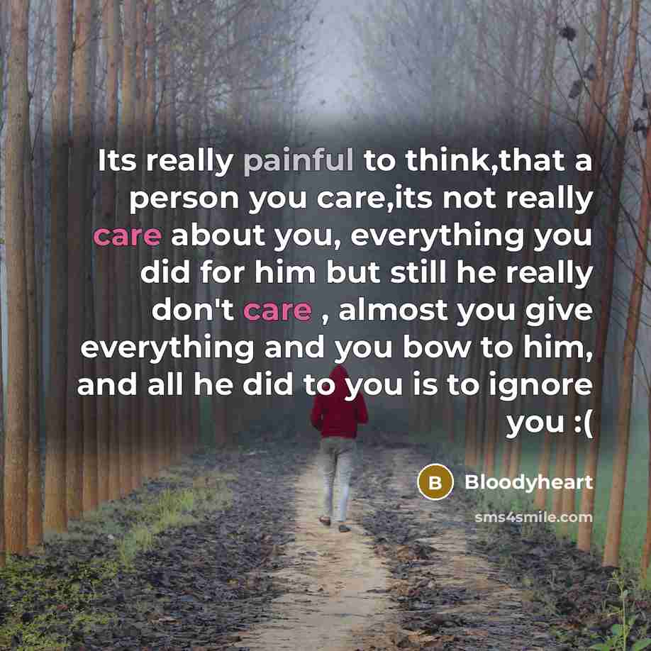 “Its really painful to think,that a person you care,its not really care about you, everything you did for him but still he really don't care , almost you give everything and you bow to him, and all he did to you is to ignore you :(” quote by Bloodyheart