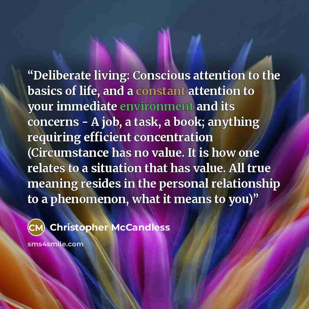 “Deliberate living: Conscious attention to the basics of life, and a constant attention to your immediate environment and its concerns - A job, a task, a book; anything requiring efficient concentration (Circumstance has no value. It is how one relates to a situation that has value. All true…” quote by Christopher McCandless