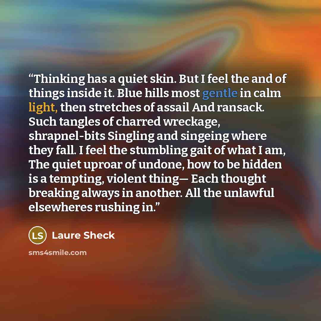 “Thinking has a quiet skin. But I feel the and of things inside it. Blue hills most gentle in calm light, then stretches of assail And ransack. Such tangles of charred wreckage, shrapnel-bits Singling and singeing where they fall. I feel the stumbling gait of what I am, The quiet uproar of undone…” quote by Laure Sheck