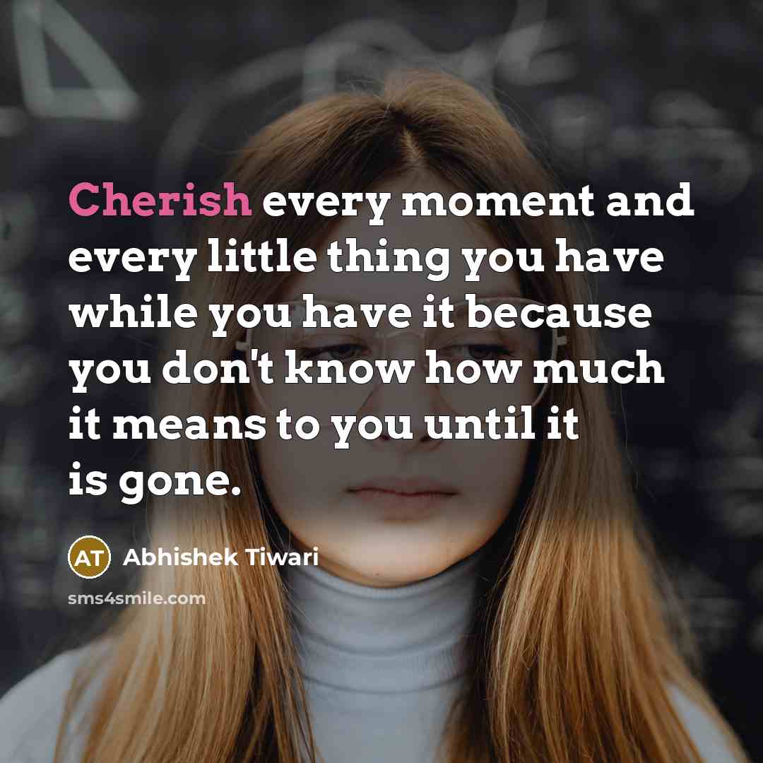 “Cherish every moment and every little thing you have while you have it because you don't know how much it means to you until it is gone.” quote by Abhishek Tiwari