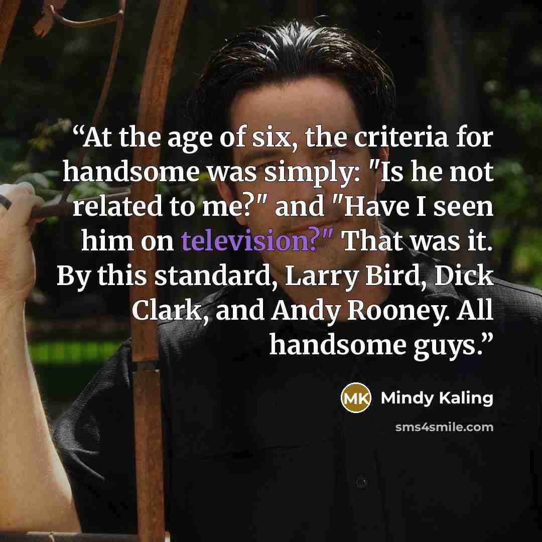 “At the age of six, the criteria for handsome was simply: "Is he not related to me?" and "Have I seen him on television?" That was it. By this standard, Larry Bird, Dick Clark, and Andy Rooney. All handsome guys.” quote by Mindy Kaling