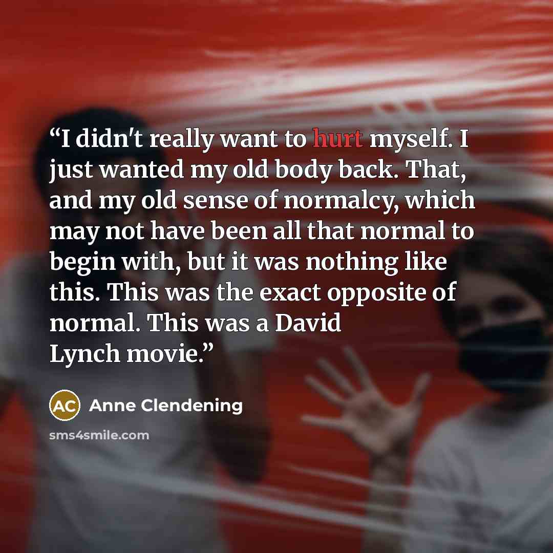 “I didn't really want to hurt myself. I just wanted my old body back. That, and my old sense of normalcy, which may not have been all that normal to begin with, but it was nothing like this. This was the exact opposite of normal. This was a David Lynch movie.” quote by Anne Clendening