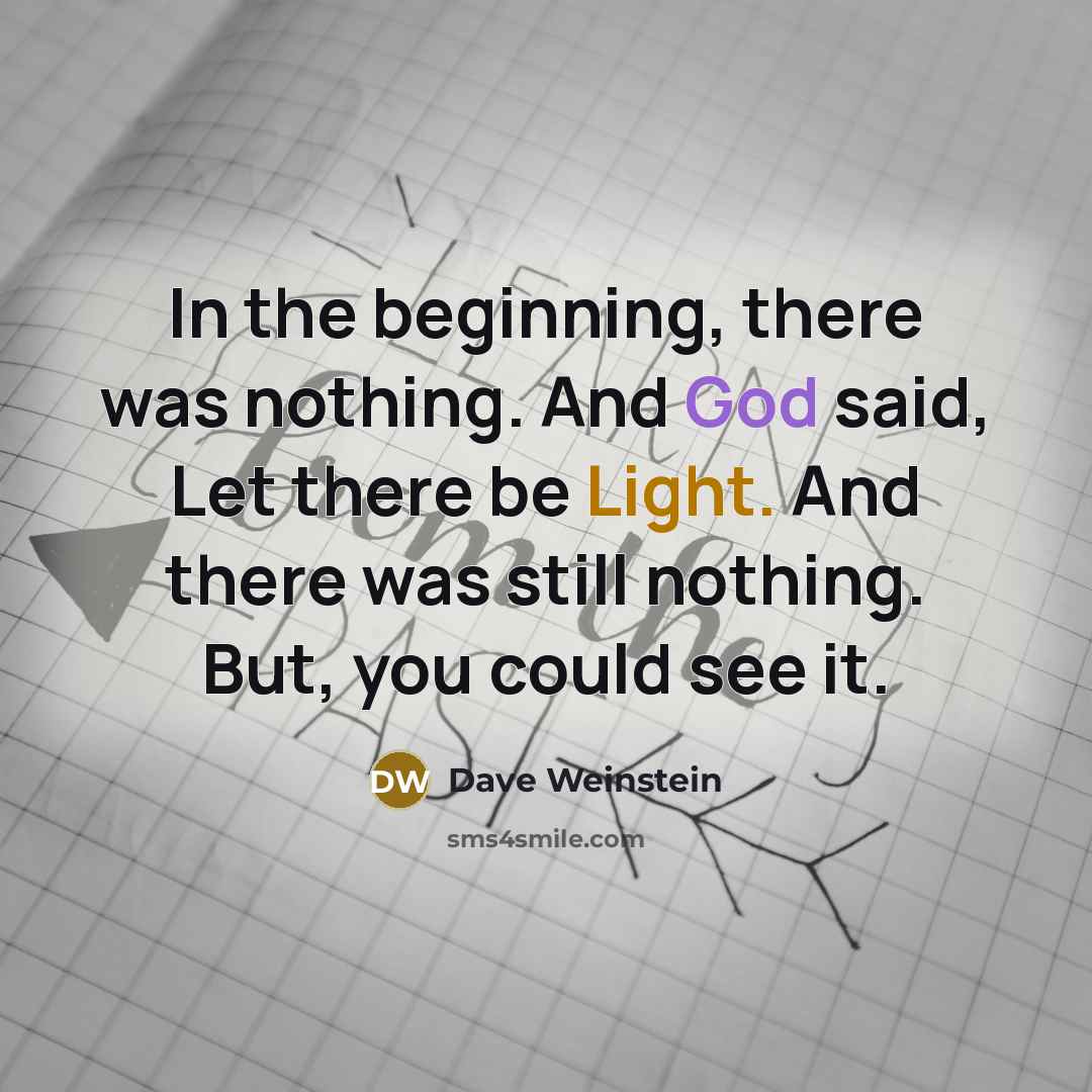 “In the beginning, there was nothing. And God said, Let there be Light. And there was still nothing. But, you could see it.” quote by Dave Weinstein
