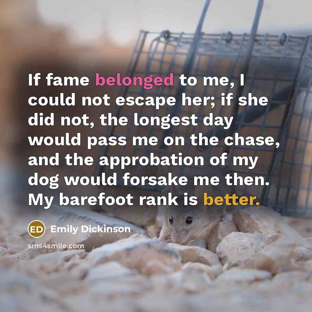 “If fame belonged to me, I could not escape her; if she did not, the longest day would pass me on the chase, and the approbation of my dog would forsake me then. My barefoot rank is better.” quote by Emily Dickinson