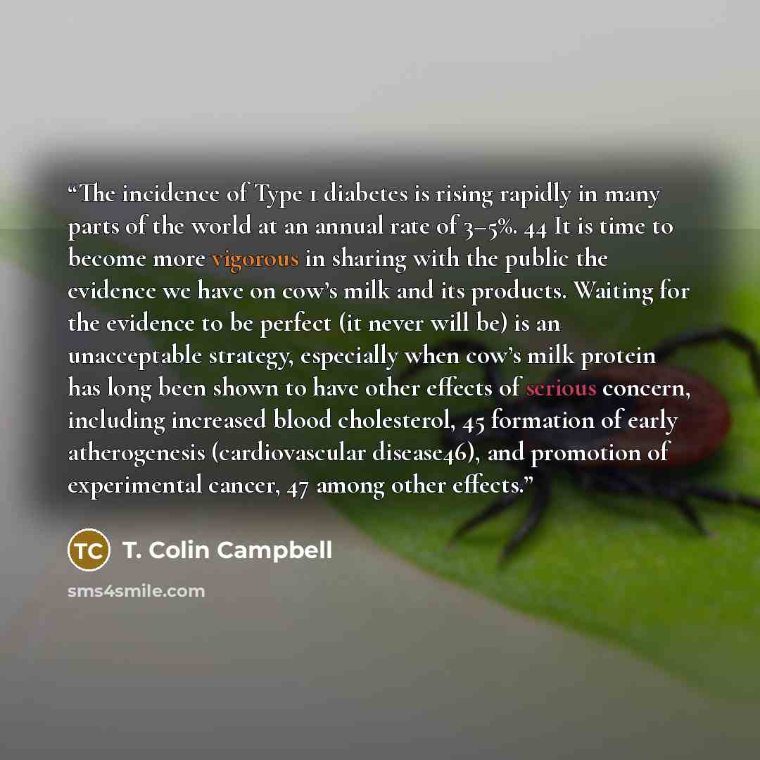 “The incidence of Type 1 diabetes is rising rapidly in many parts of the world at an annual rate of 3–5%. 44 It is time to become more vigorous in sharing with the public the evidence we have on cow’s milk and its products. Waiting for the evidence to be perfect (it never will be) is an…” quote by T. Colin Campbell