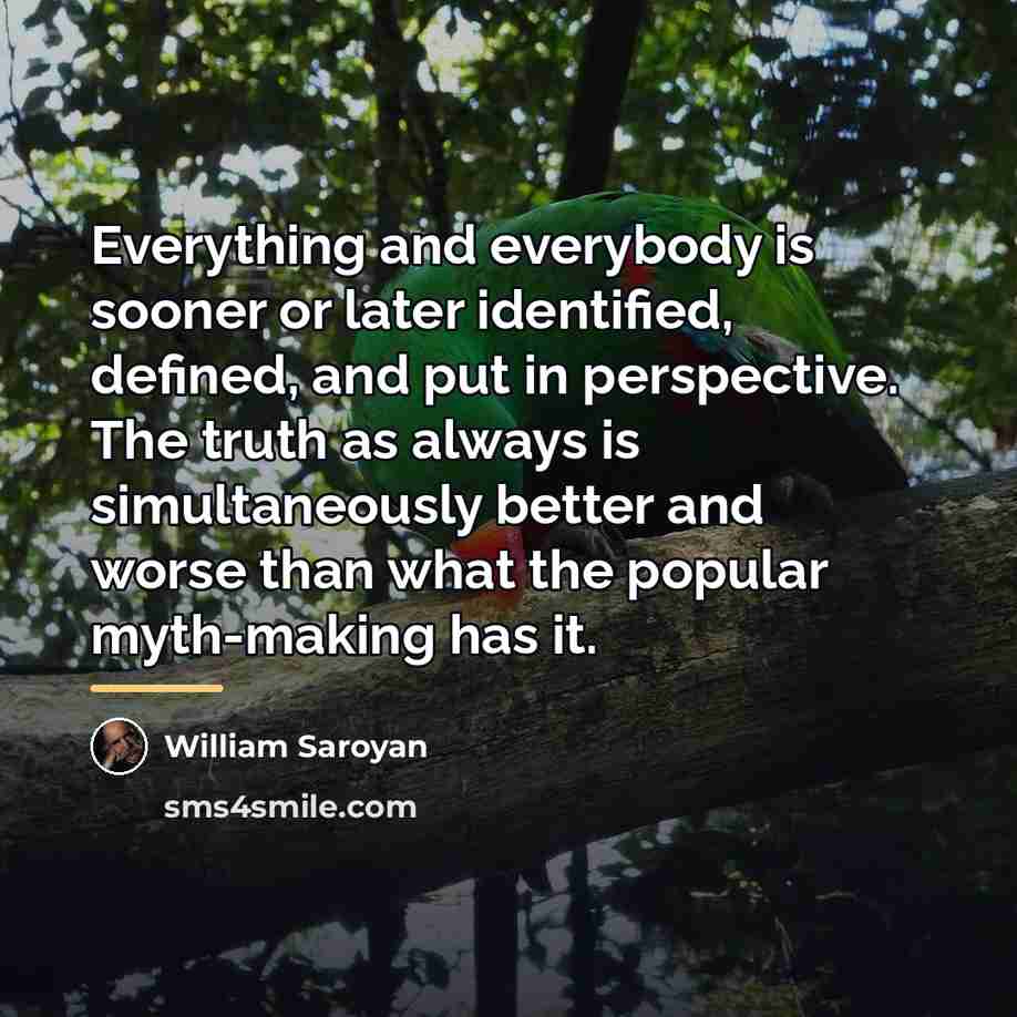 “Everything and everybody is sooner or later identified, defined, and…” quote by William Saroyan