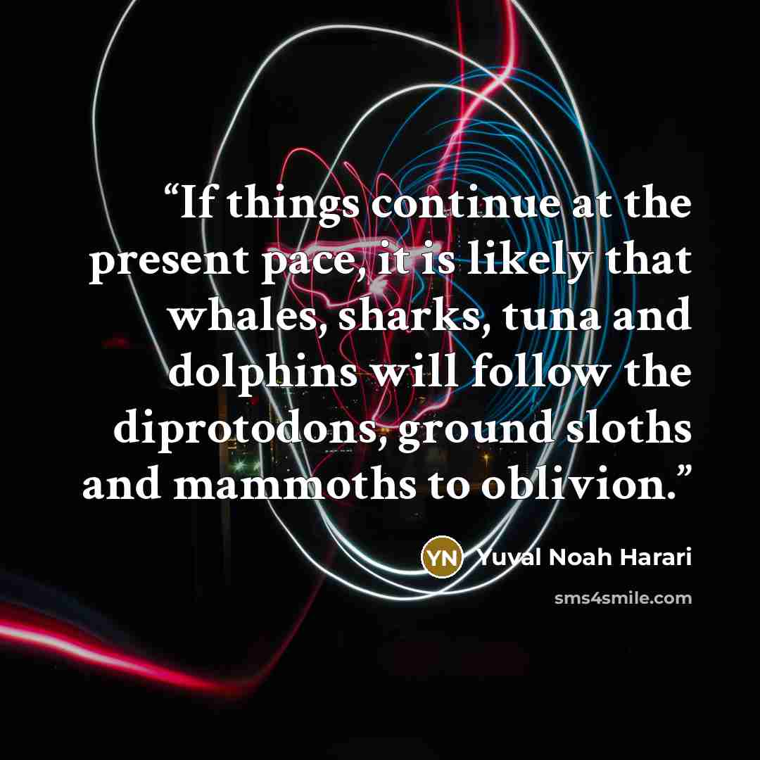 “If things continue at the present pace, it is likely that whales, sharks, tuna and dolphins will follow the diprotodons, ground sloths and mammoths to oblivion.” quote by Yuval Noah Harari