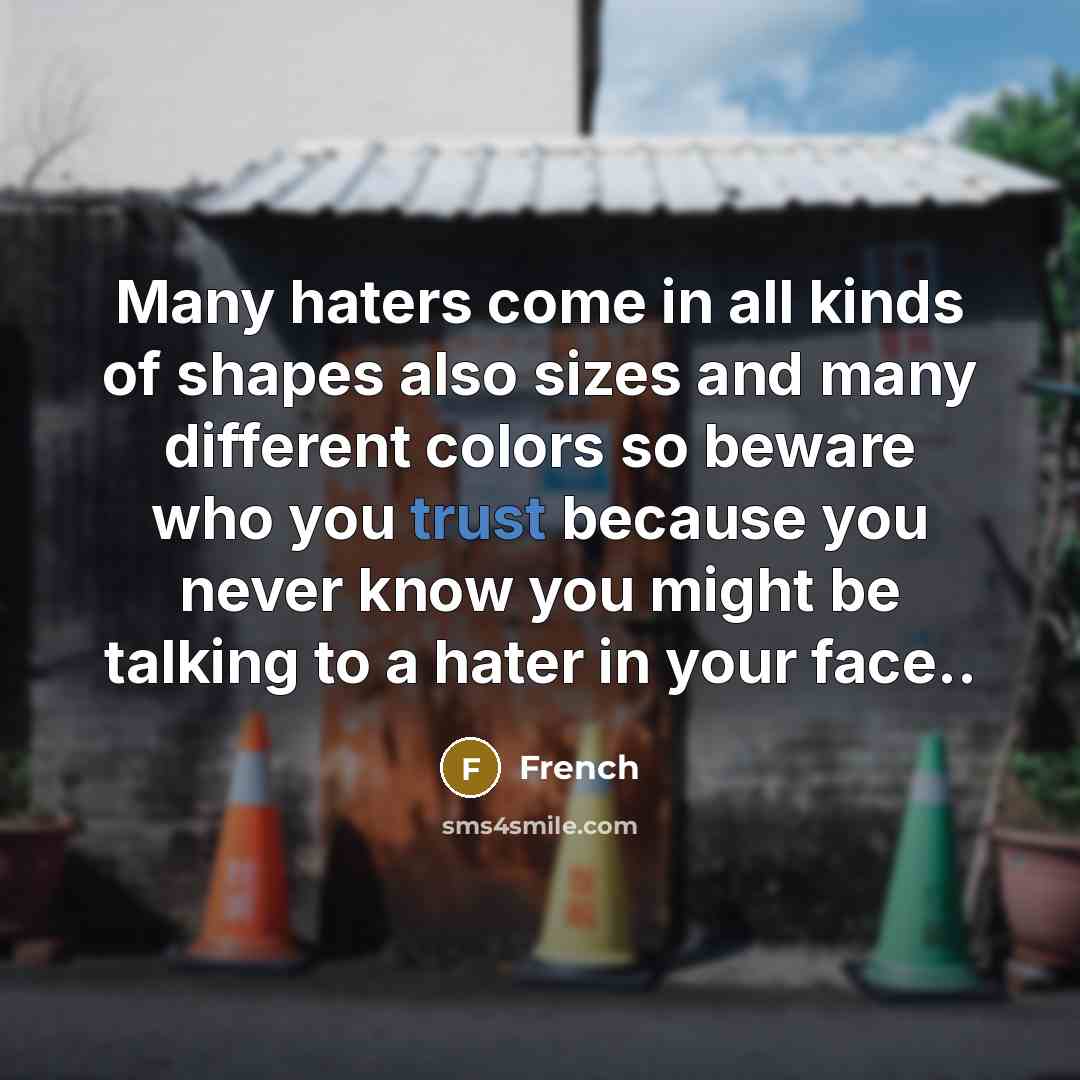“Many haters come in all kinds of shapes also sizes and many different colors so beware who you trust because you never know you might be talking to a hater in your face..” quote by French