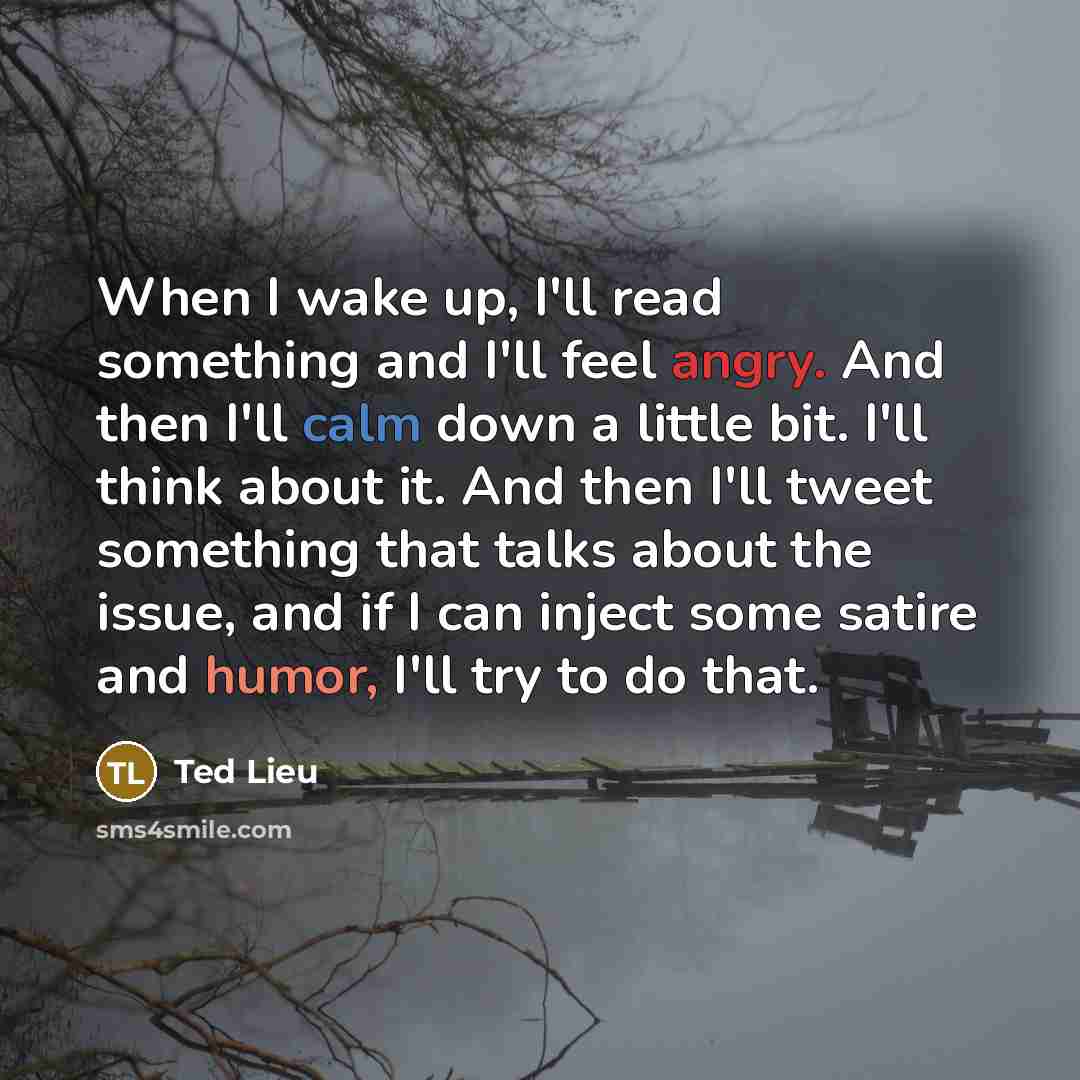 “When I wake up, I'll read something and I'll feel angry. And then I'll calm down a little bit. I'll think about it. And then I'll tweet something that talks about the issue, and if I can inject some satire and humor, I'll try to do that.” quote by Ted Lieu