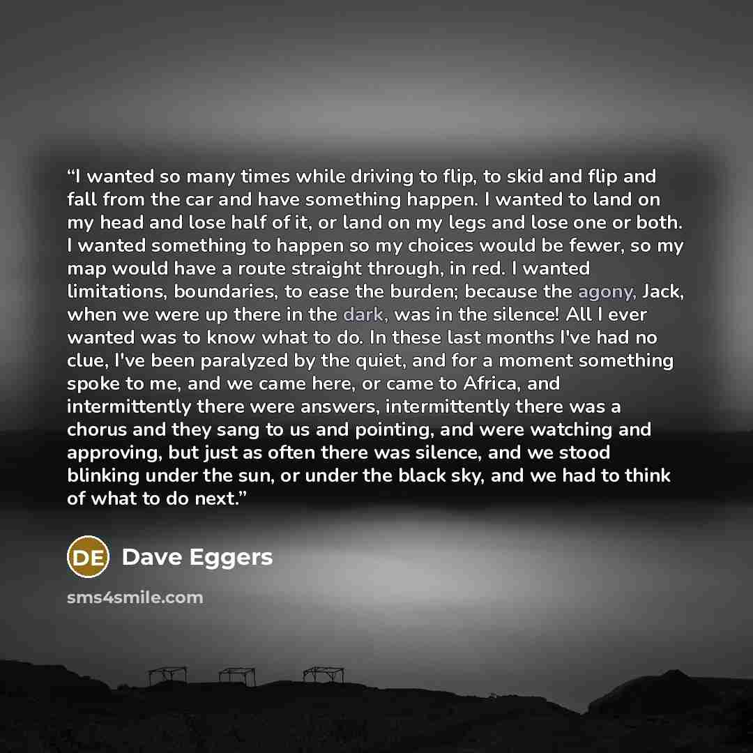 “I wanted so many times while driving to flip, to skid and flip and fall from the car and have something happen. I wanted to land on my head and lose half of it, or land on my legs and lose one or both. I wanted something to happen so my choices would be fewer, so my map would have a route straight…” quote by Dave Eggers