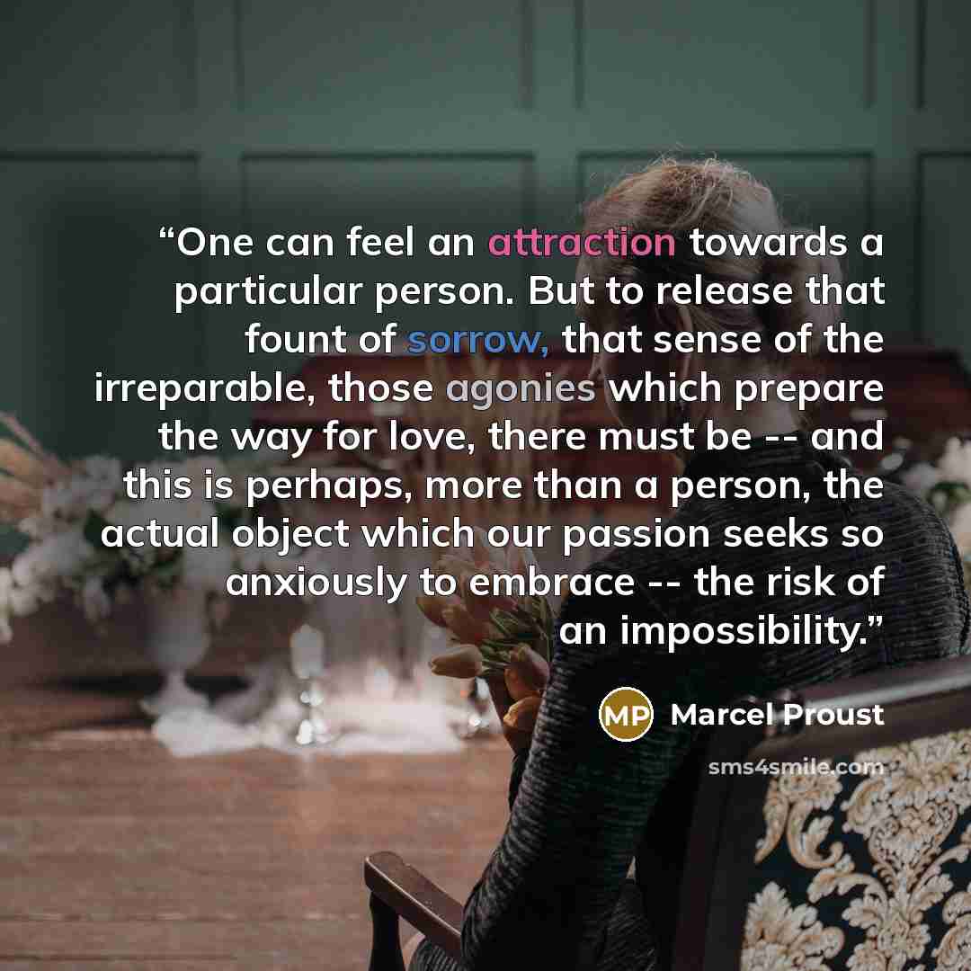 “One can feel an attraction towards a particular person. But to release that fount of sorrow, that sense of the irreparable, those agonies which prepare the way for love, there must be -- and this is perhaps, more than a person, the actual object which our passion seeks so anxiously to embrace…” quote by Marcel Proust