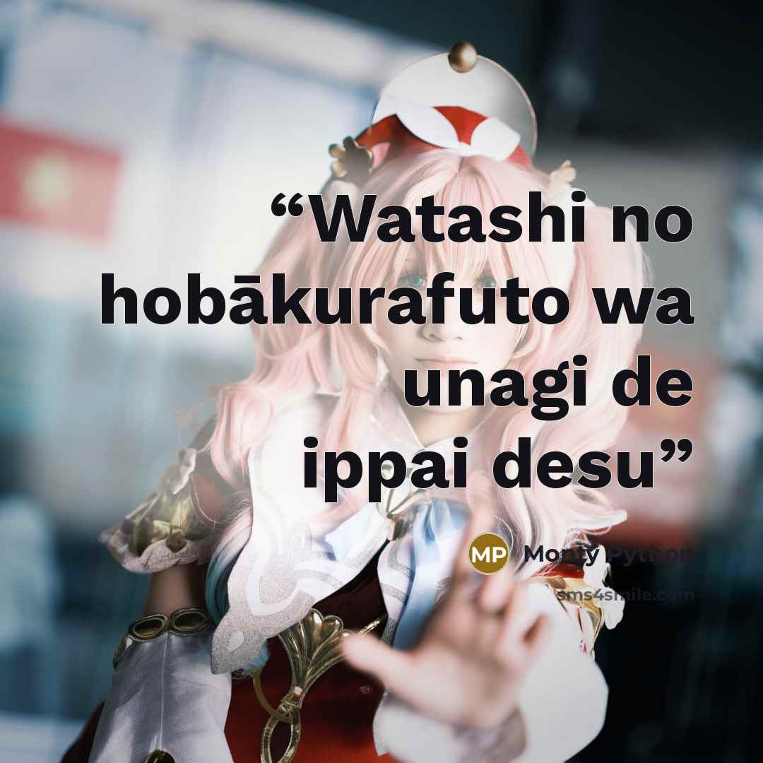 “Watashi no hobākurafuto wa unagi de ippai desu” quote by Monty Python