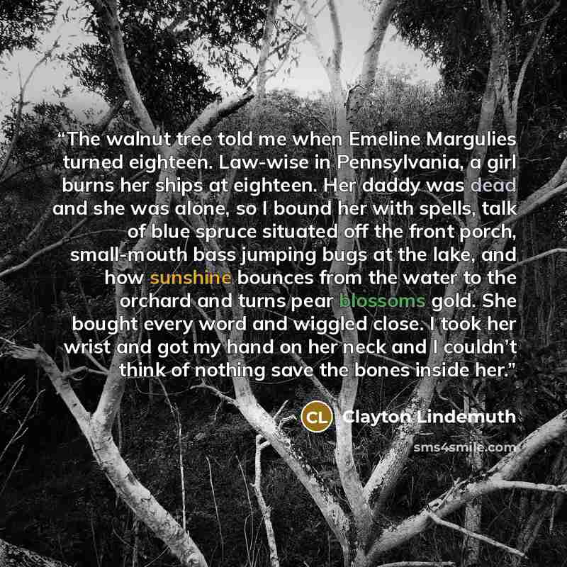 “The walnut tree told me when Emeline Margulies turned eighteen. Law-wise in Pennsylvania, a girl burns her ships at eighteen. Her daddy was dead and she was alone, so I bound her with spells, talk of blue spruce situated off the front porch, small-mouth bass jumping bugs at the lake, and how…” quote by Clayton Lindemuth