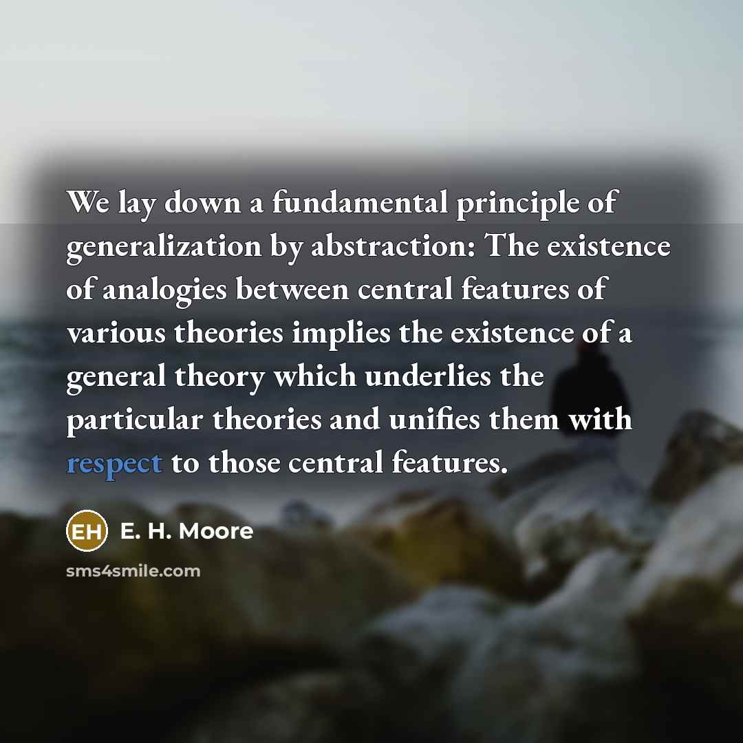 “We lay down a fundamental principle of generalization by abstraction: The existence of analogies between central features of various theories implies the existence of a general theory which underlies the particular theories and unifies them with respect to those central features.” quote by E. H. Moore