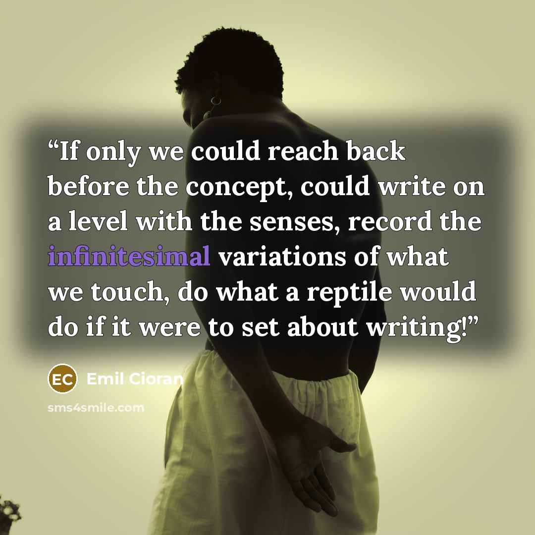 “If only we could reach back before the concept, could write on a level with the senses, record the infinitesimal variations of what we touch, do what a reptile would do if it were to set about writing!” quote by Emil Cioran