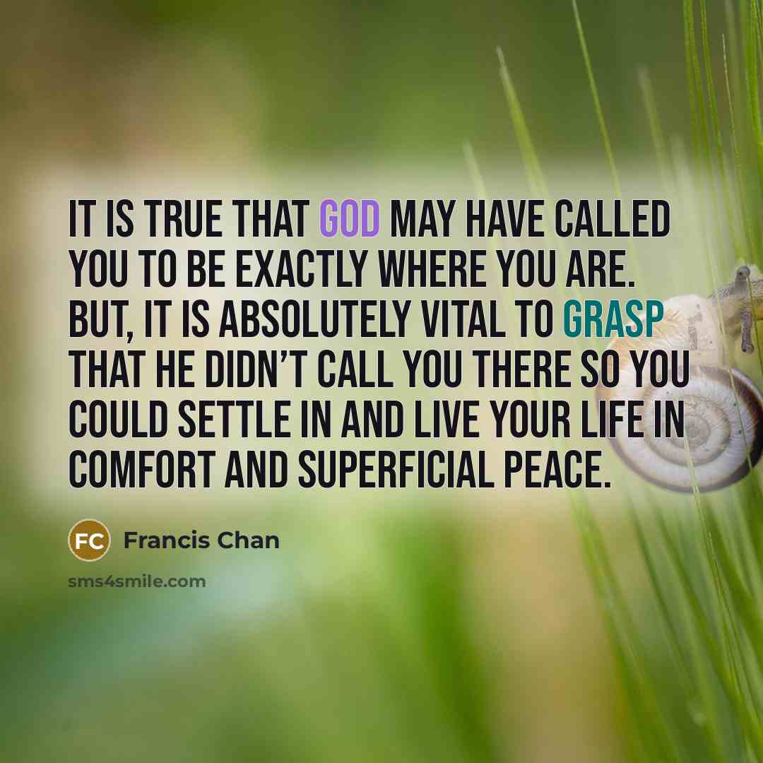 “It is true that God may have called you to be exactly where you are. But, it is absolutely vital to grasp that he didn’t call you there so you could settle in and live your life in comfort and superficial peace.” quote by Francis Chan