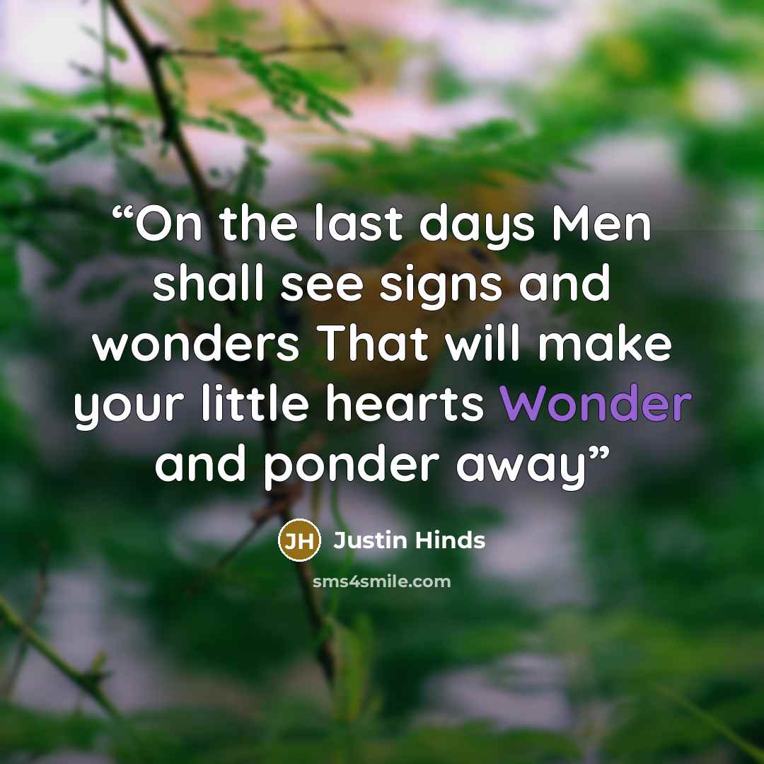 “On the last days Men shall see signs and wonders That will make your little hearts Wonder and ponder away” quote by Justin Hinds