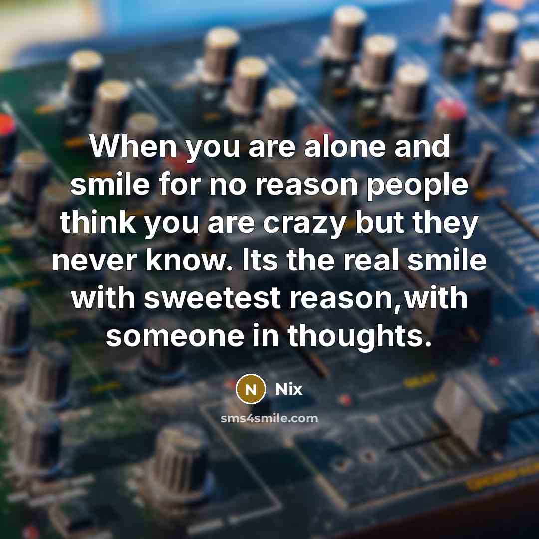 “When you are alone and smile for no reason people think you are crazy but they never know. Its the real smile with sweetest reason,with someone in thoughts.” quote by Nix