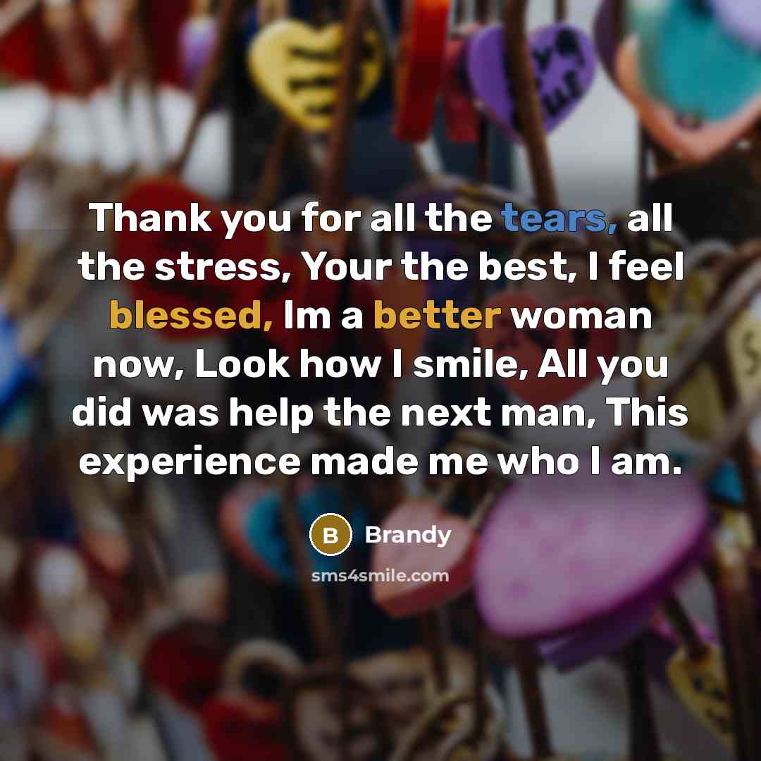 “Thank you for all the tears, all the stress, Your the best, I feel blessed, Im a better woman now, Look how I smile, All you did was help the next man, This experience made me who I am.” quote by Brandy