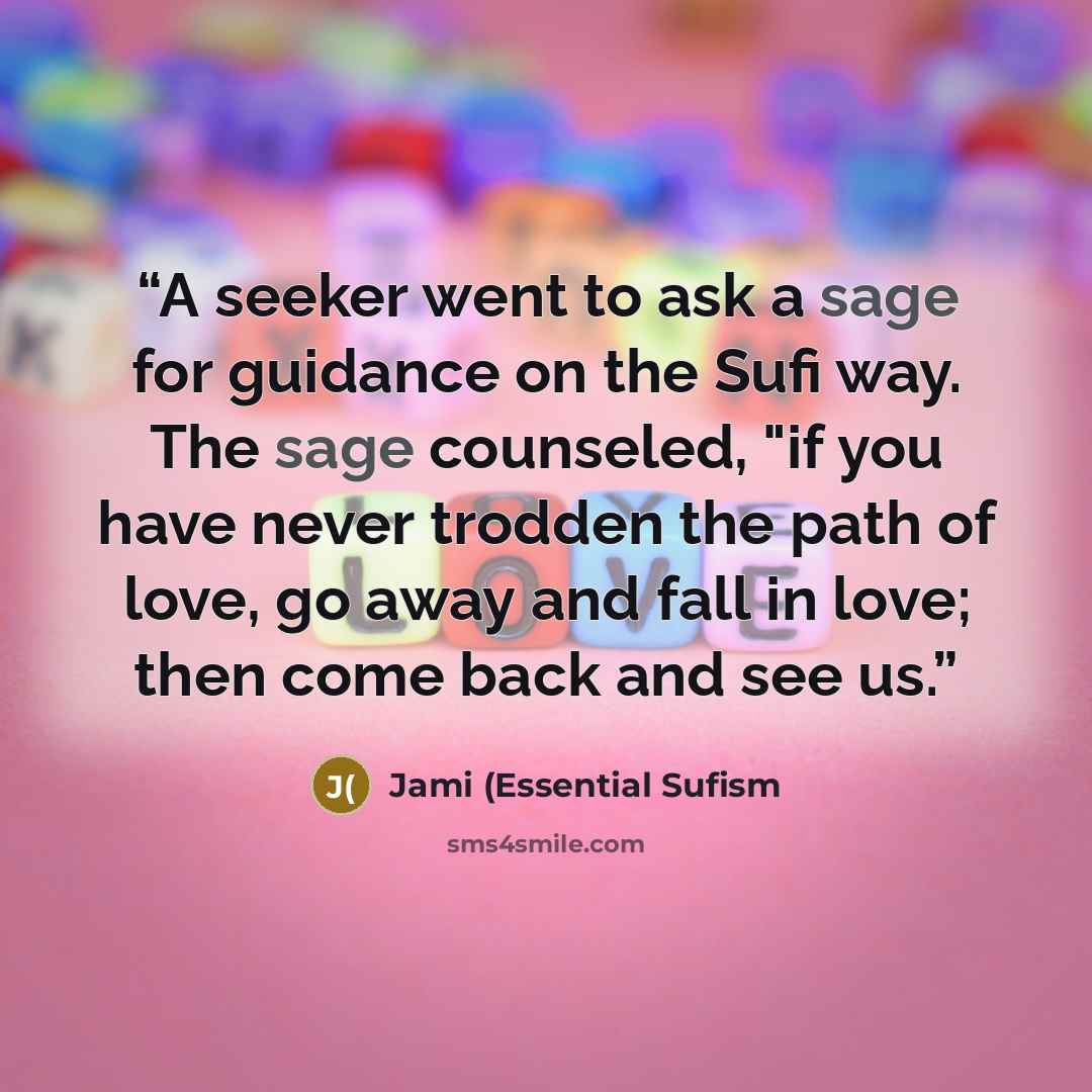 “A seeker went to ask a sage for guidance on the Sufi way. The sage counseled, "if you have never trodden the path of love, go away and fall in love; then come back and see us.” quote by Jami (Essential Sufism