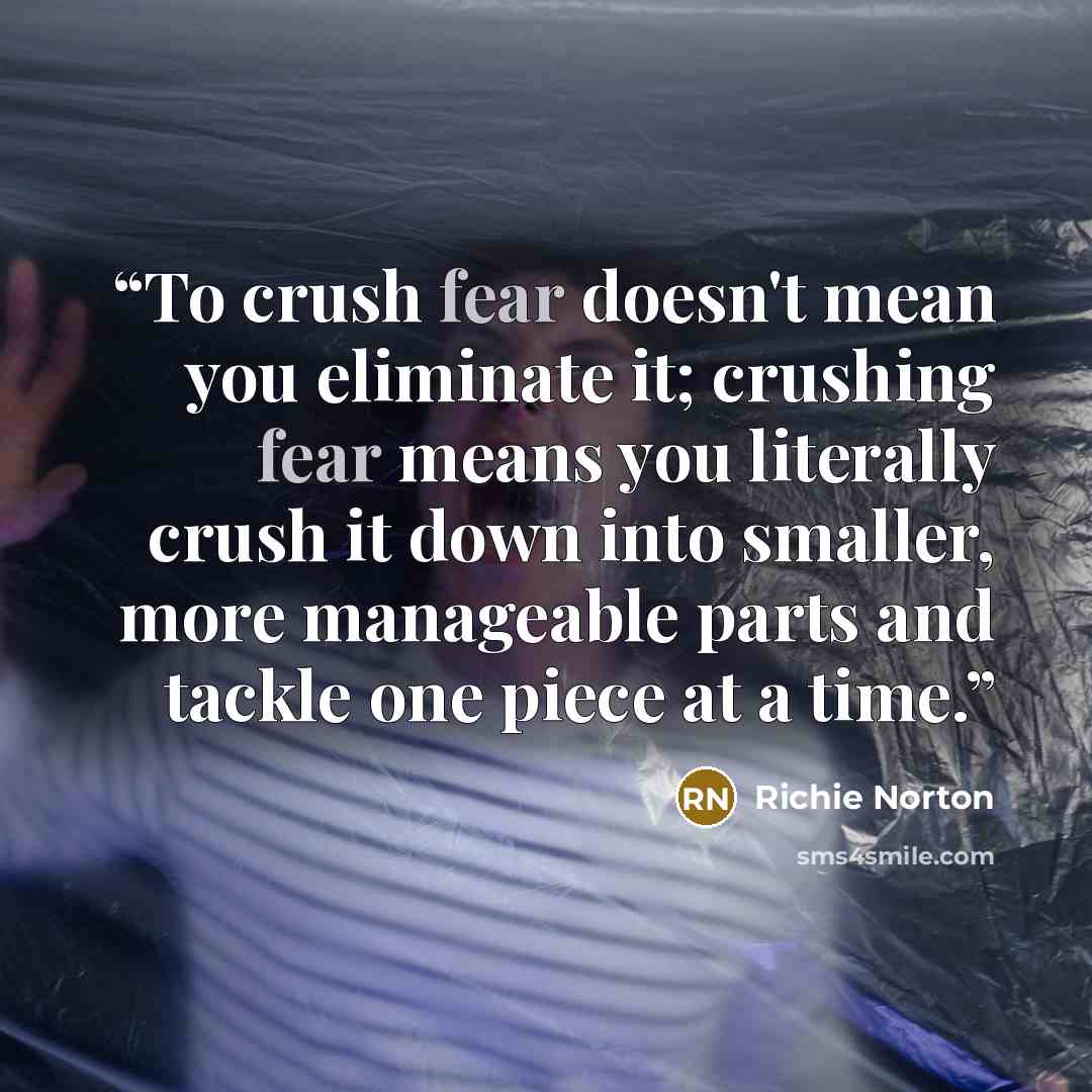 “To crush fear doesn't mean you eliminate it; crushing fear means you literally crush it down into smaller, more manageable parts and tackle one piece at a time.” quote by Richie Norton