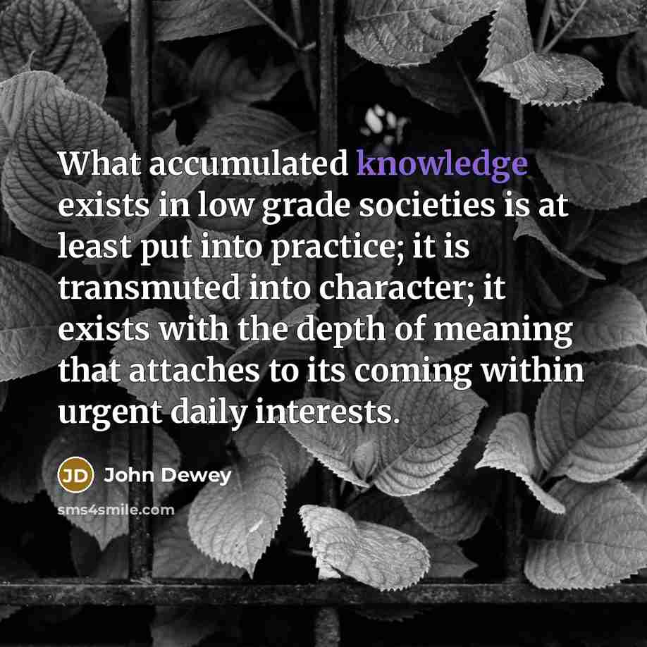 “What accumulated knowledge exists in low grade societies is at…” quote by John Dewey