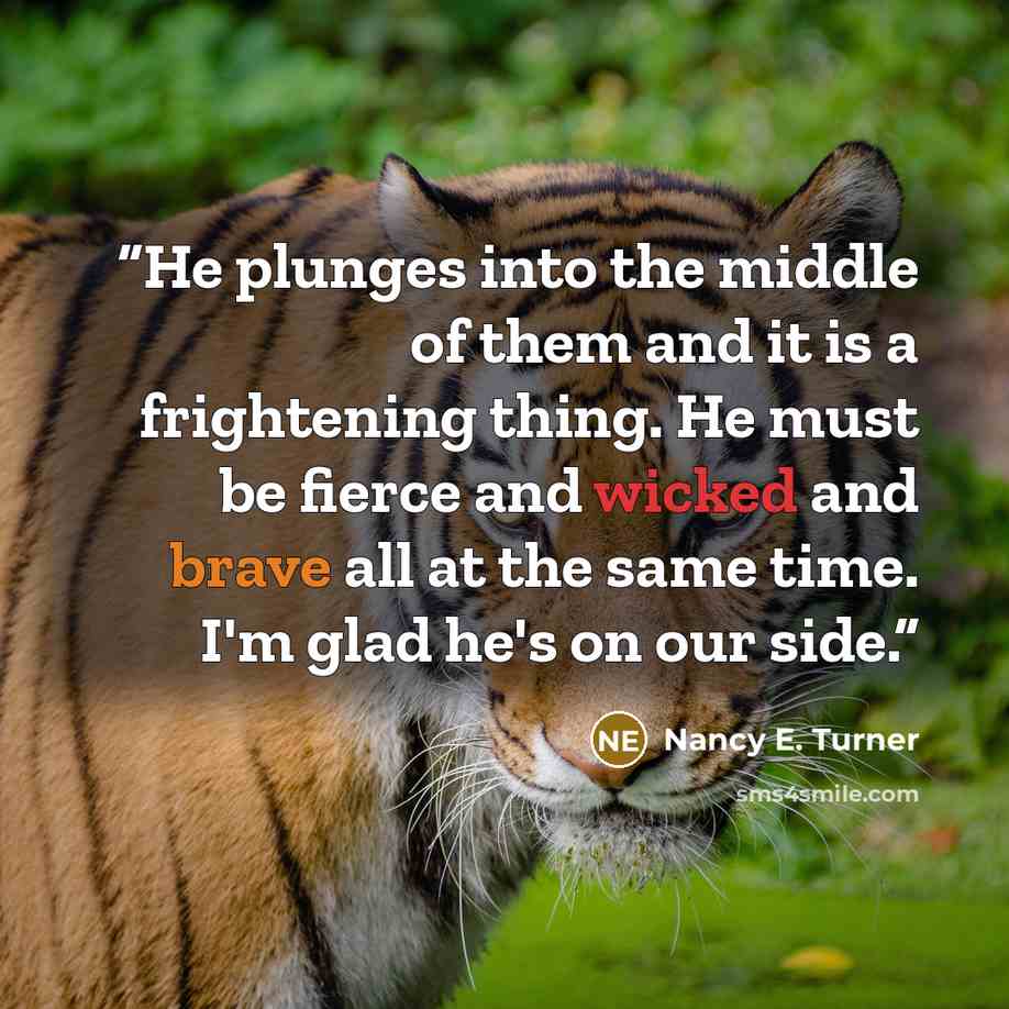 “He plunges into the middle of them and it is a frightening thing. He must be fierce and wicked and brave all at the same time. I'm glad he's on our side.” quote by Nancy E. Turner