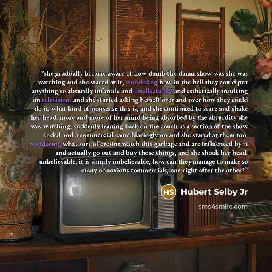 “she gradually became aware of how dumb the damn show was she was watching and she stared at it, wondering how in the hell they could put anything so absurdly infantile and intellectually and esthetically insulting on television, and she started asking herself over and over how they could do it…” quote by Hubert Selby Jr