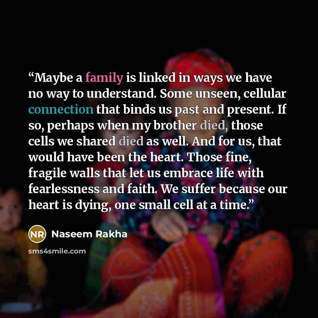 “Maybe a family is linked in ways we have no way to understand. Some unseen, cellular connection that binds us past and present. If so, perhaps when my brother died, those cells we shared died as well. And for us, that would have been the heart. Those fine, fragile walls that let us embrace life…” quote by Naseem Rakha