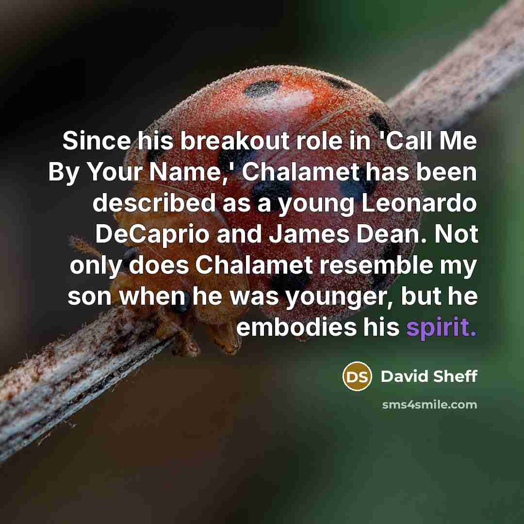 “Since his breakout role in 'Call Me By Your Name,' Chalamet has been described as a young Leonardo DeCaprio and James Dean. Not only does Chalamet resemble my son when he was younger, but he embodies his spirit.” quote by David Sheff