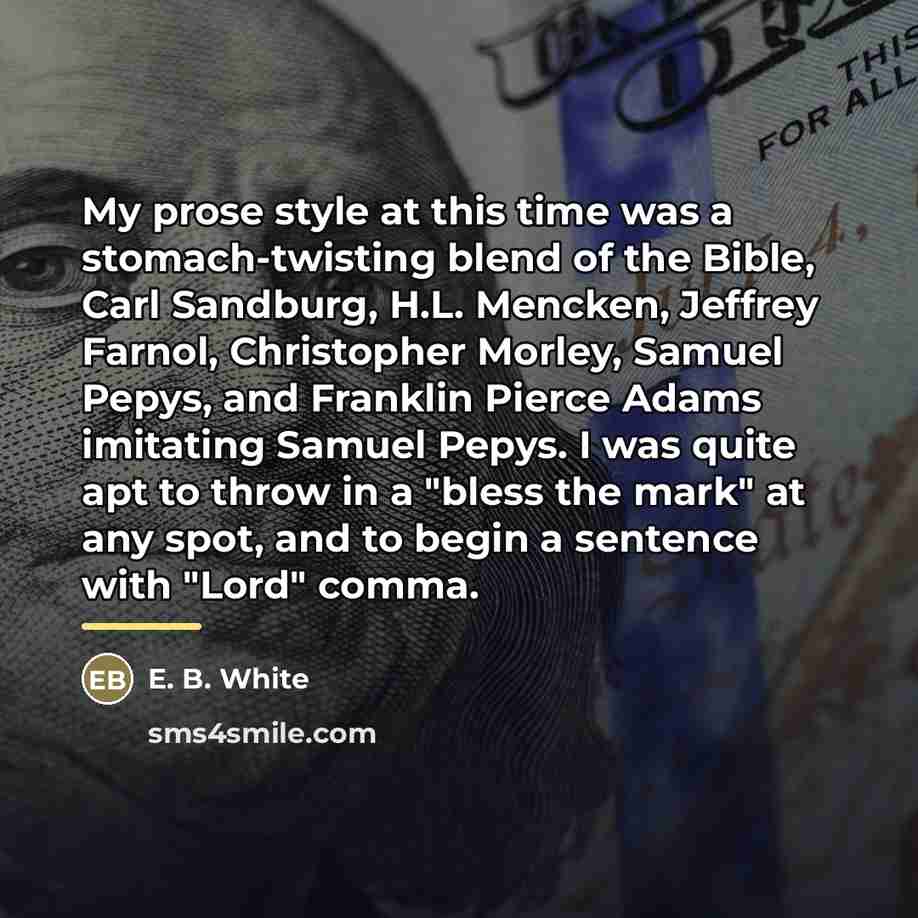 “My prose style at this time was a stomach-twisting blend…” quote by E. B. White