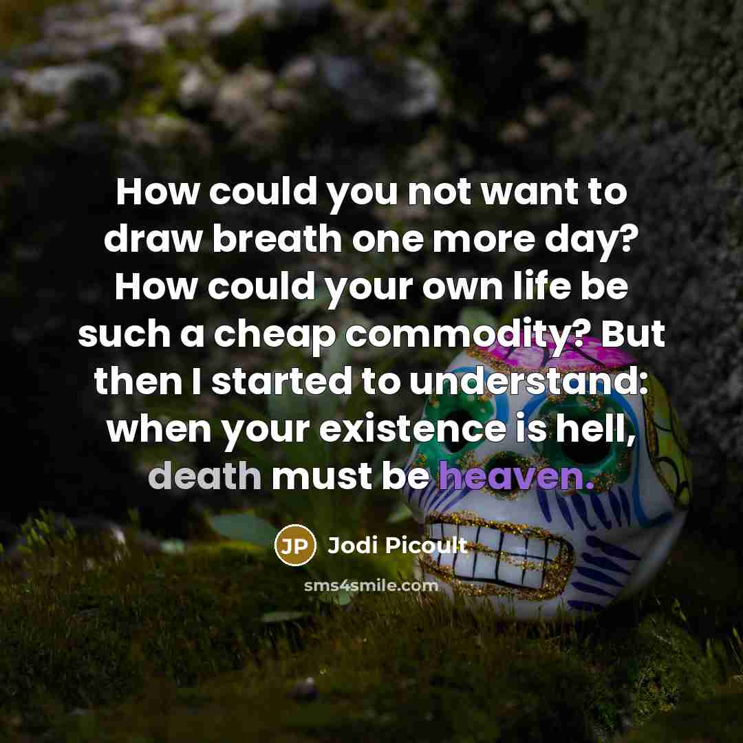 “How could you not want to draw breath one more day? How could your own life be such a cheap commodity? But then I started to understand: when your existence is hell, death must be heaven.” quote by Jodi Picoult