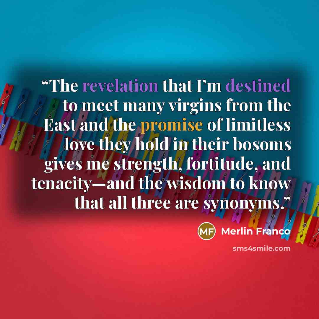“The revelation that I’m destined to meet many virgins from the East and the promise of limitless love they hold in their bosoms gives me strength, fortitude, and tenacity—and the wisdom to know that all three are synonyms.” quote by Merlin Franco